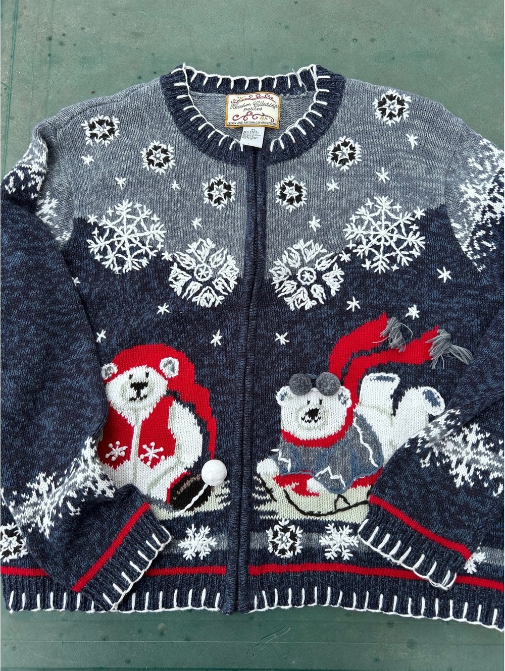 Holiday Time blue knit Christmas cardigan sweater polar bear snowflake